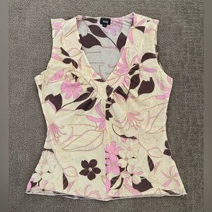 Vtg Y2K Vanity Mesh Sleeveless Tank V-neck Floral Print Size Large